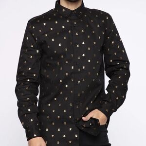 Drill Clothing Company Shirt Mens Black Gold Bee Print Button Down Casual Medium